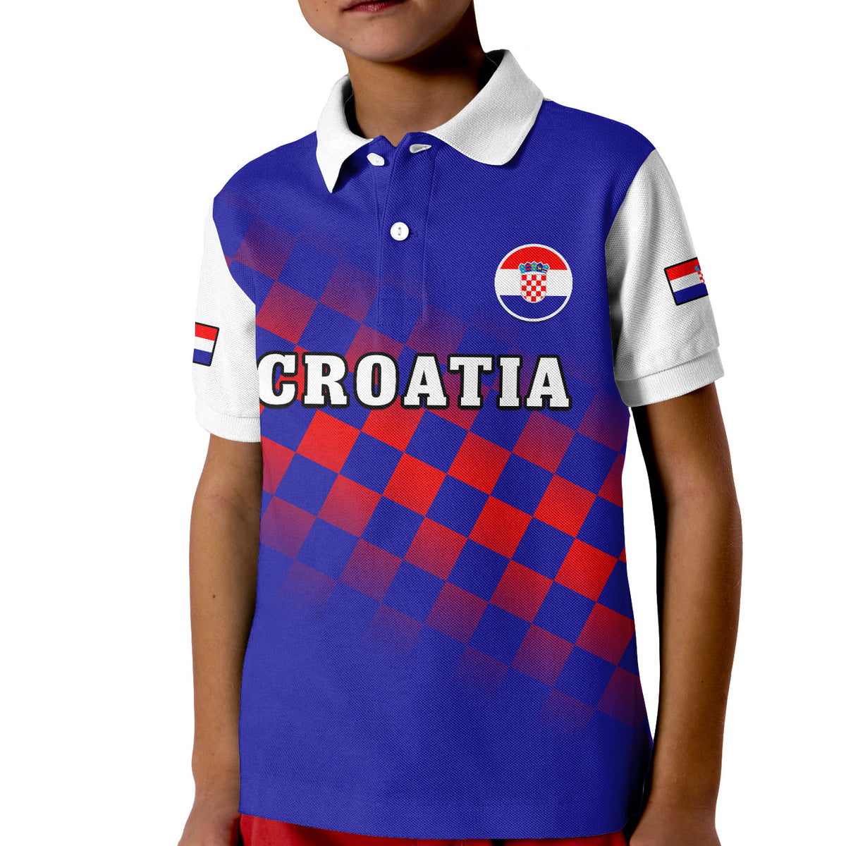 (Custom Text And Number) Croatia Football Polo Shirt Hrvatska Checkerboard Blue Version - Wonder Print Shop
