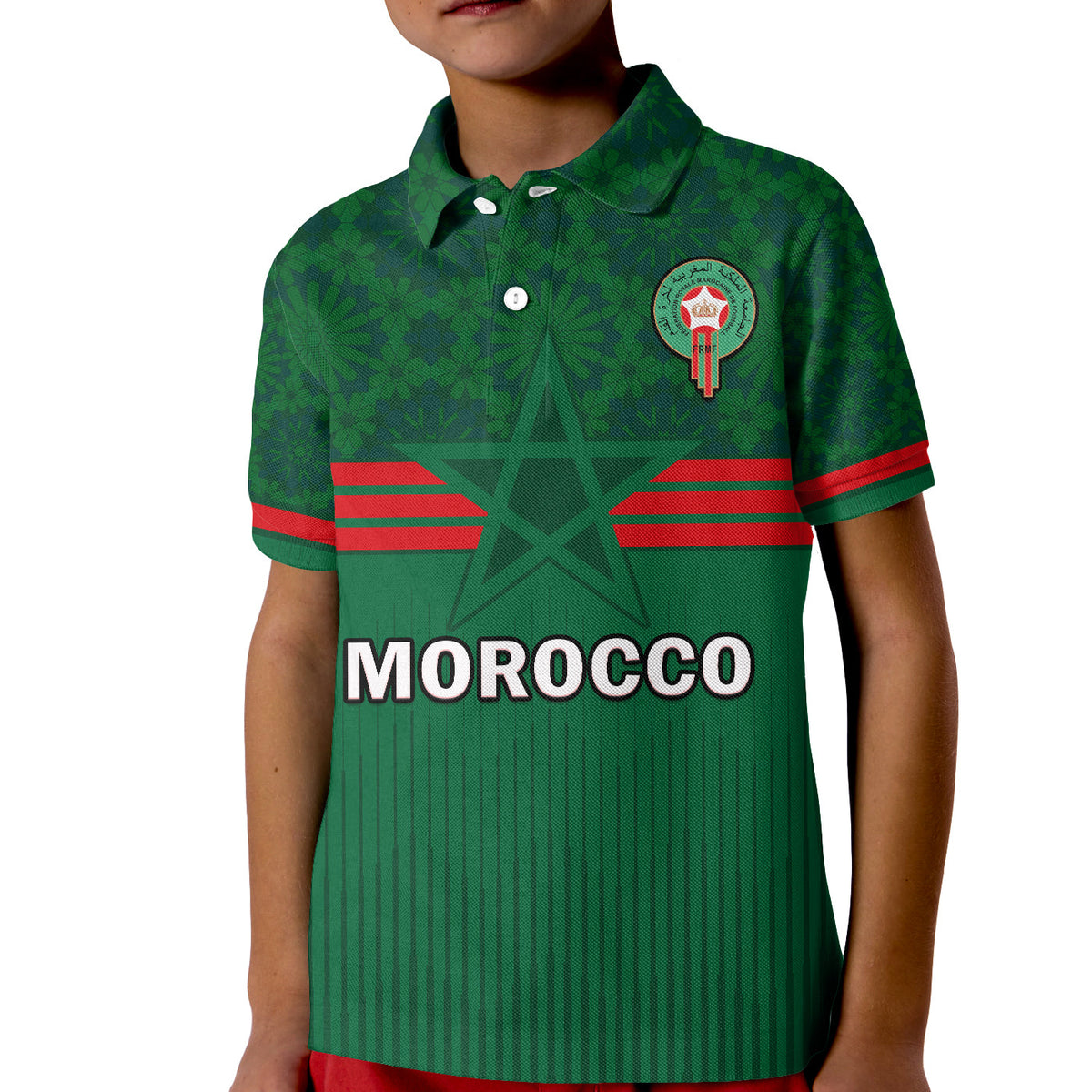 Morocco Football Polo Shirt KID Football 2022 Green Moroccan Pattern - Wonder Print Shop