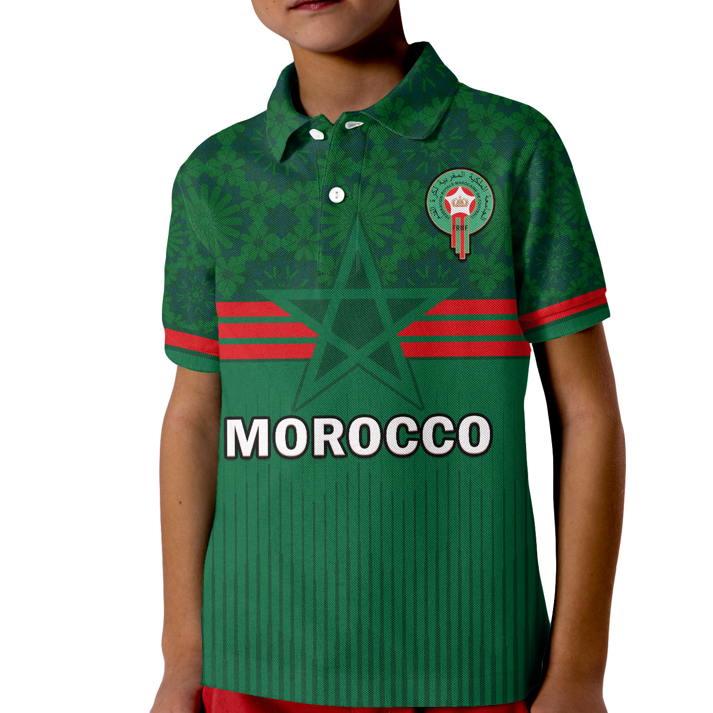 morocco-football-polo-shirt-kid-world-cup-2022-green-moroccan-pattern