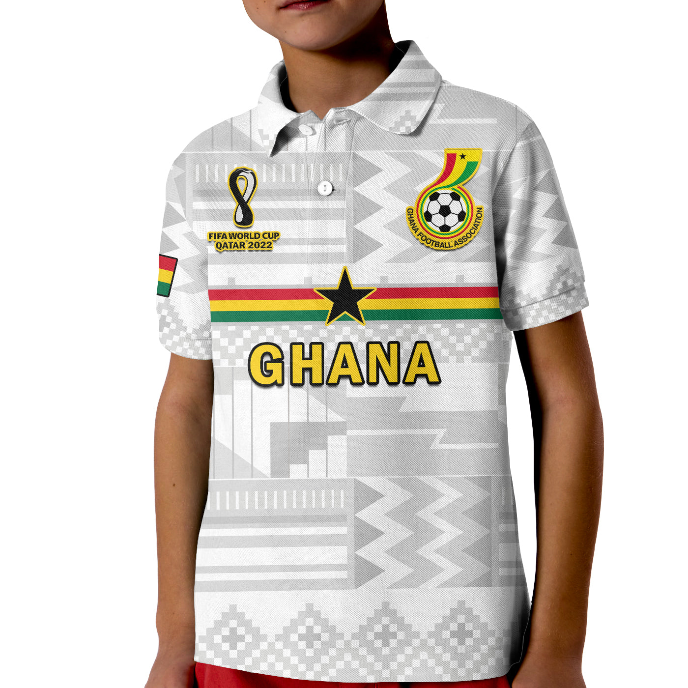 custom-text-and-number-ghana-football-polo-shirt-kid-black-stars-kente-world-cup-2022-white
