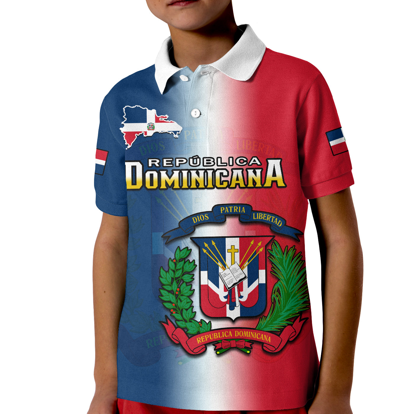 custom-personalised-dominican-republic-polo-shirt-kid-dominicana-coat-of-arms-gradient-style