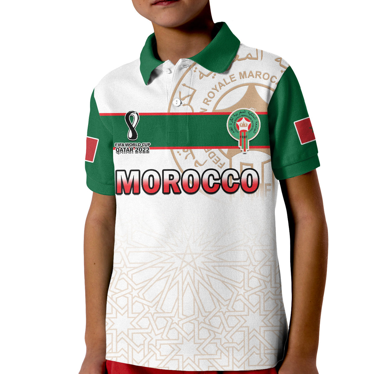 (Custom Text and Number) Morocco Football Polo Shirt KID Atlas Lions White Football 2022 - Wonder Print Shop