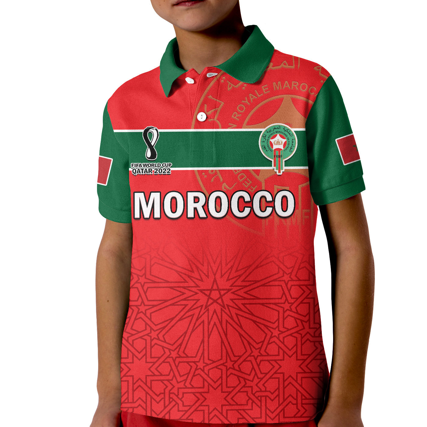 custom-text-and-number-morocco-football-polo-shirt-kid-atlas-lions-red-world-cup-2022