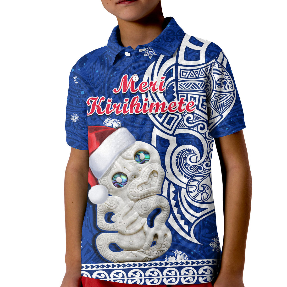 New Zealand Polo Shirt Christmas KID Hei Tiki Blue Pohutukawa Meri Kirihimete - Wonder Print Shop