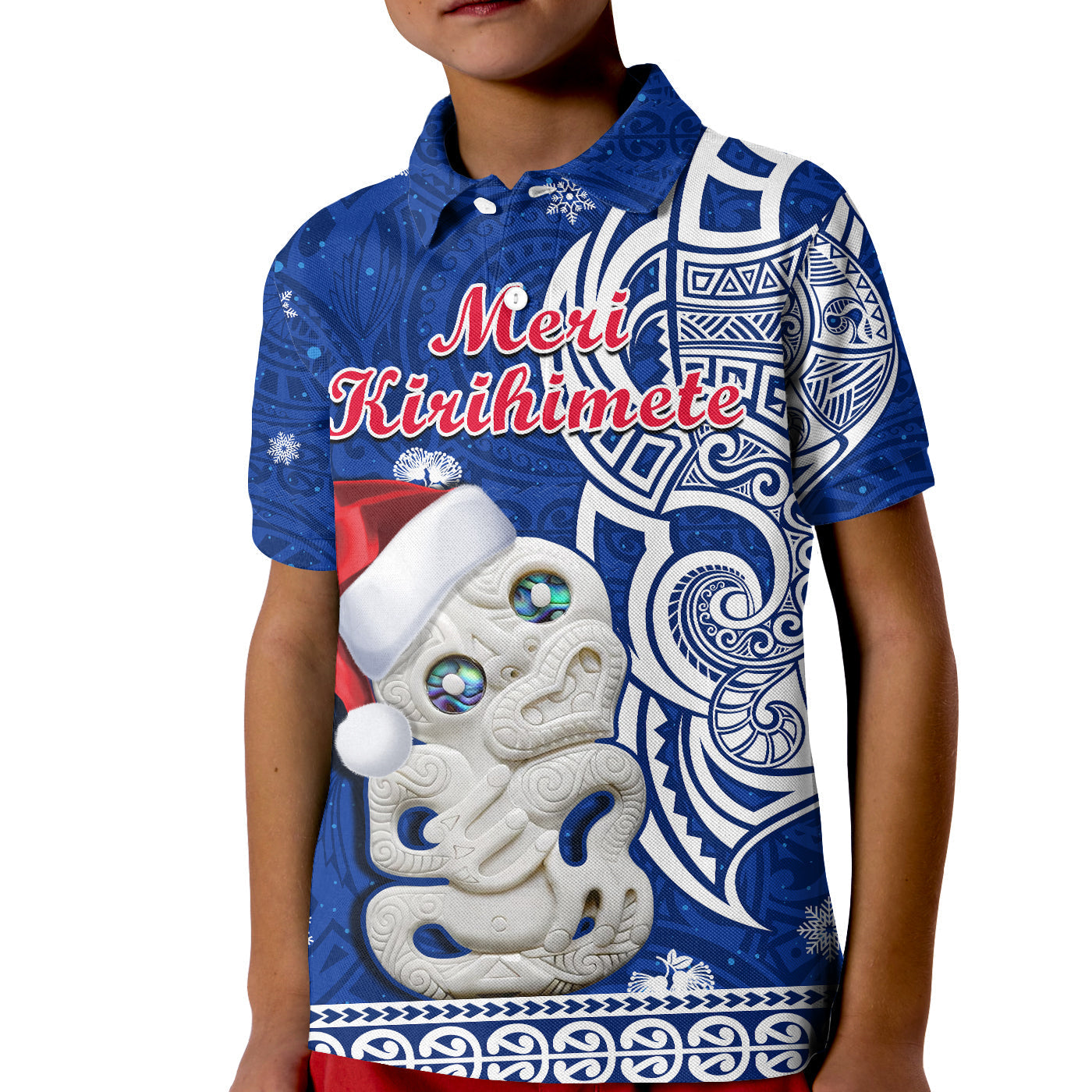 New Zealand Polo Shirt Christmas KID Hei Tiki Blue Pohutukawa Meri Kirihimete - Wonder Print Shop