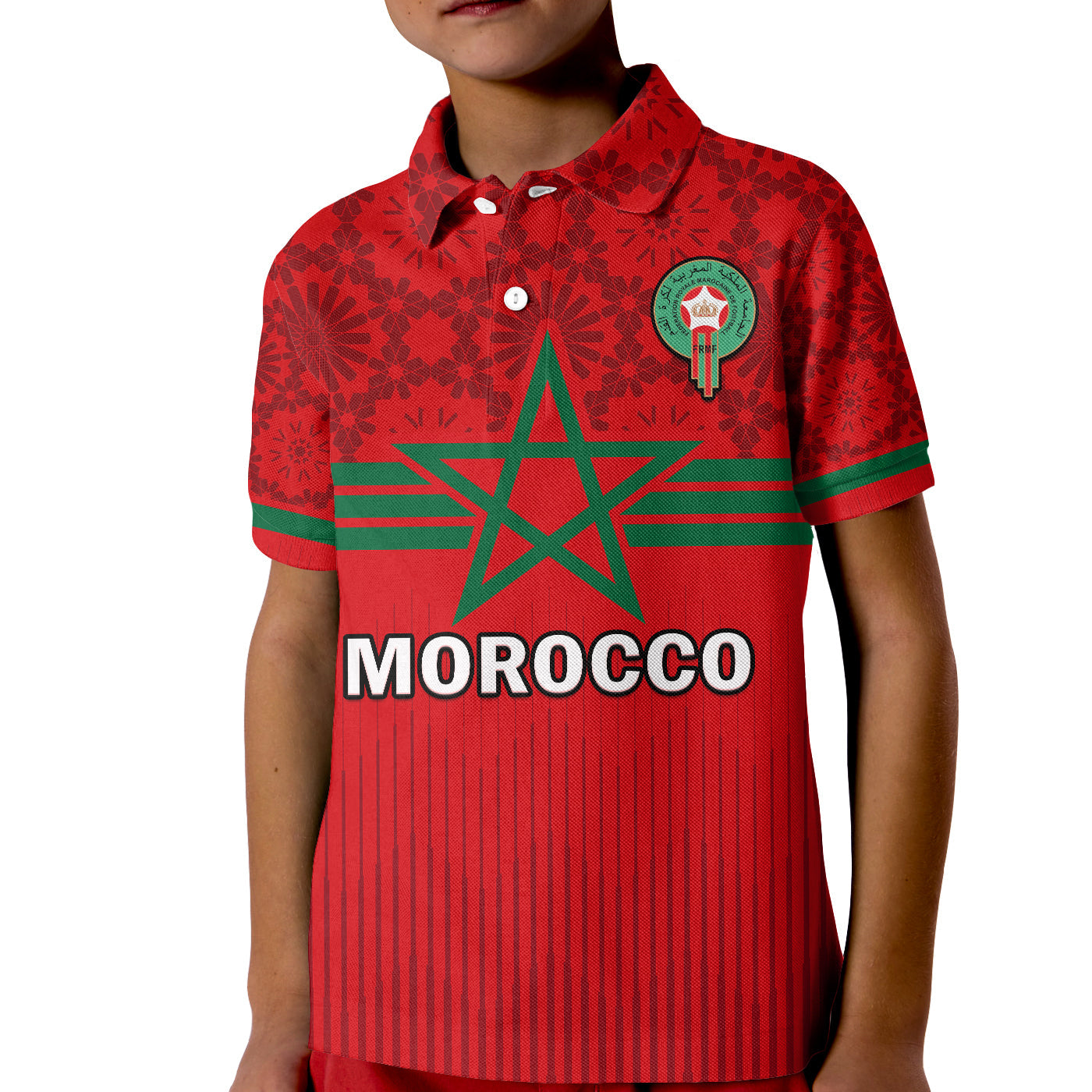 morocco-football-polo-shirt-kid-world-cup-2022-red-moroccan-pattern