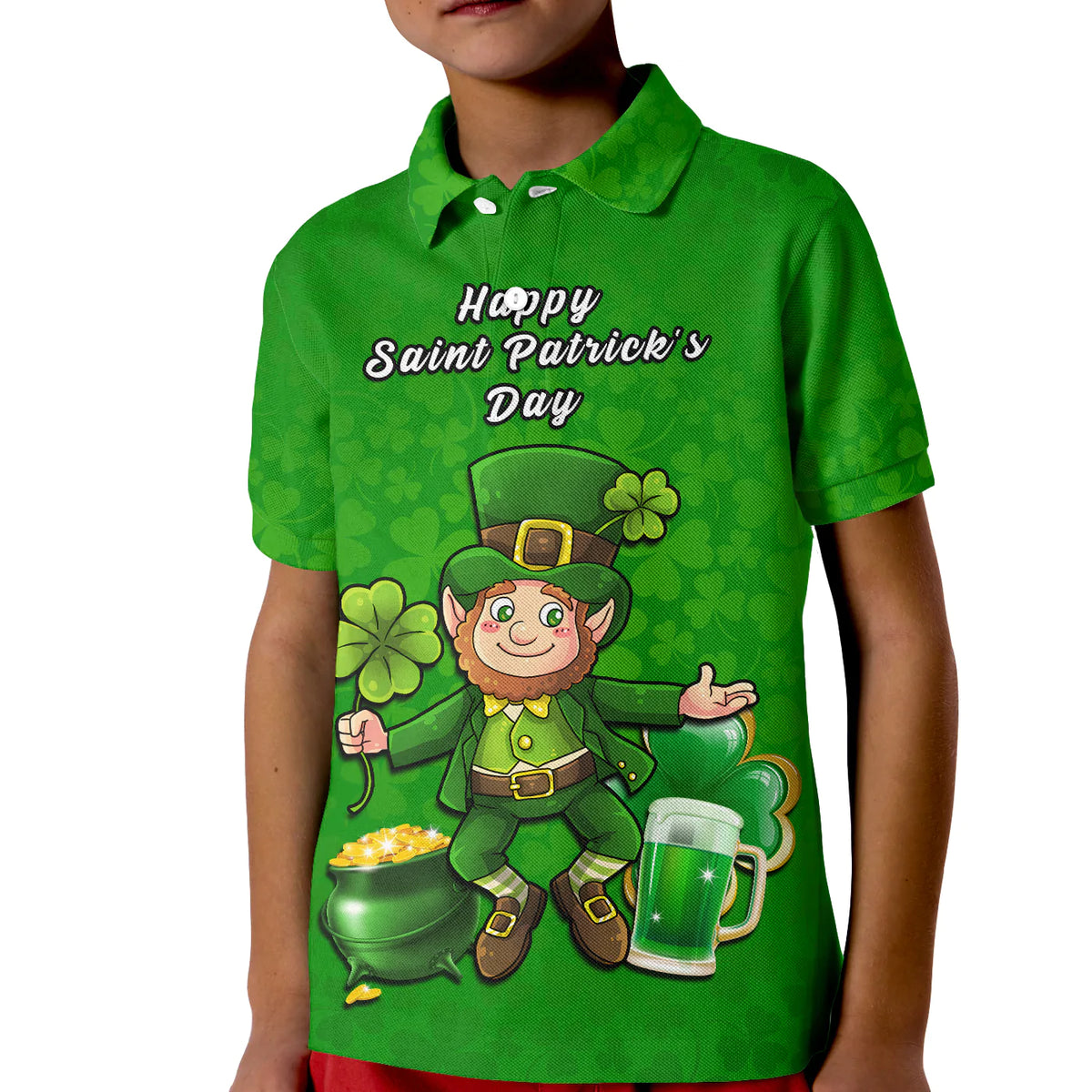 Custom Ireland Polo Shirt KID Saint Patricks Day Happy Leprechaun And Shamrock - Wonder Print Shop