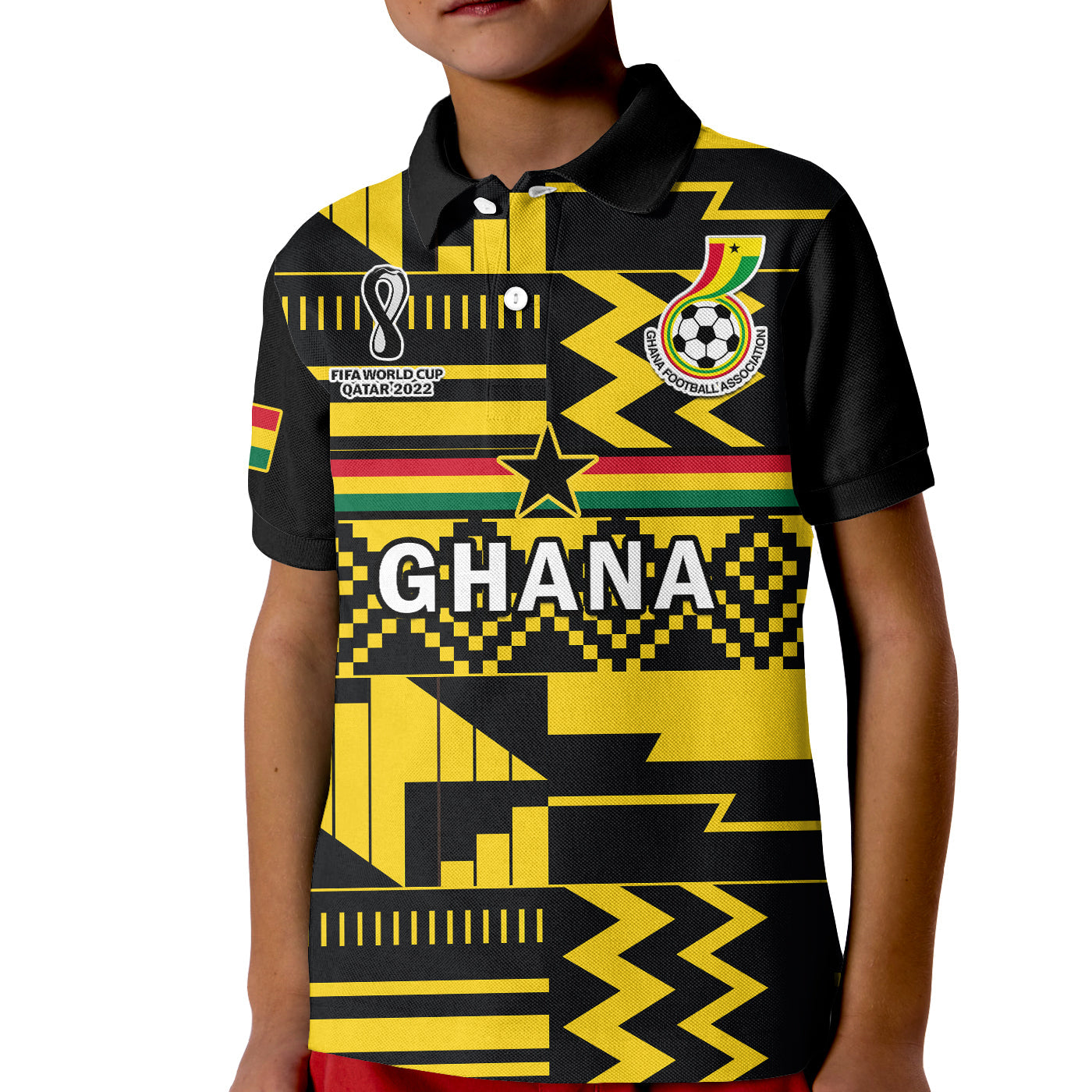 Ghana Football Polo Shirt KID Black Stars Kente Football 2022 Yellow - Wonder Print Shop