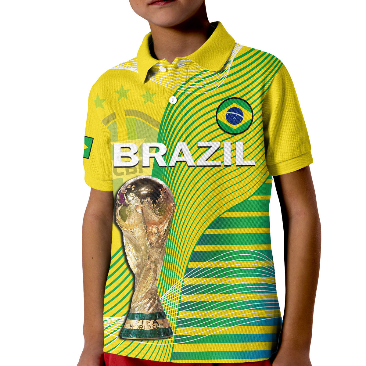 Kids Brazil football polo shirt, yellow and green stripes, BRAZIL text and trophy graphic