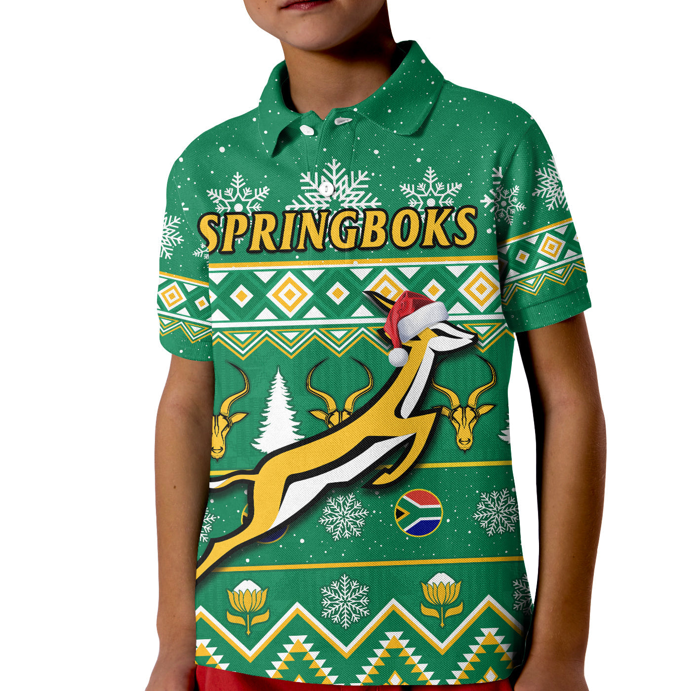 South Africa Rugby Polo Shirt Christmas KID Springboks Proud Geseende Kersfees - Wonder Print Shop