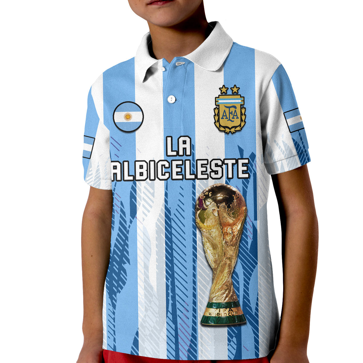 Kids soccer polo shirt, white and light blue striped front with AFA crest and trophy graphic