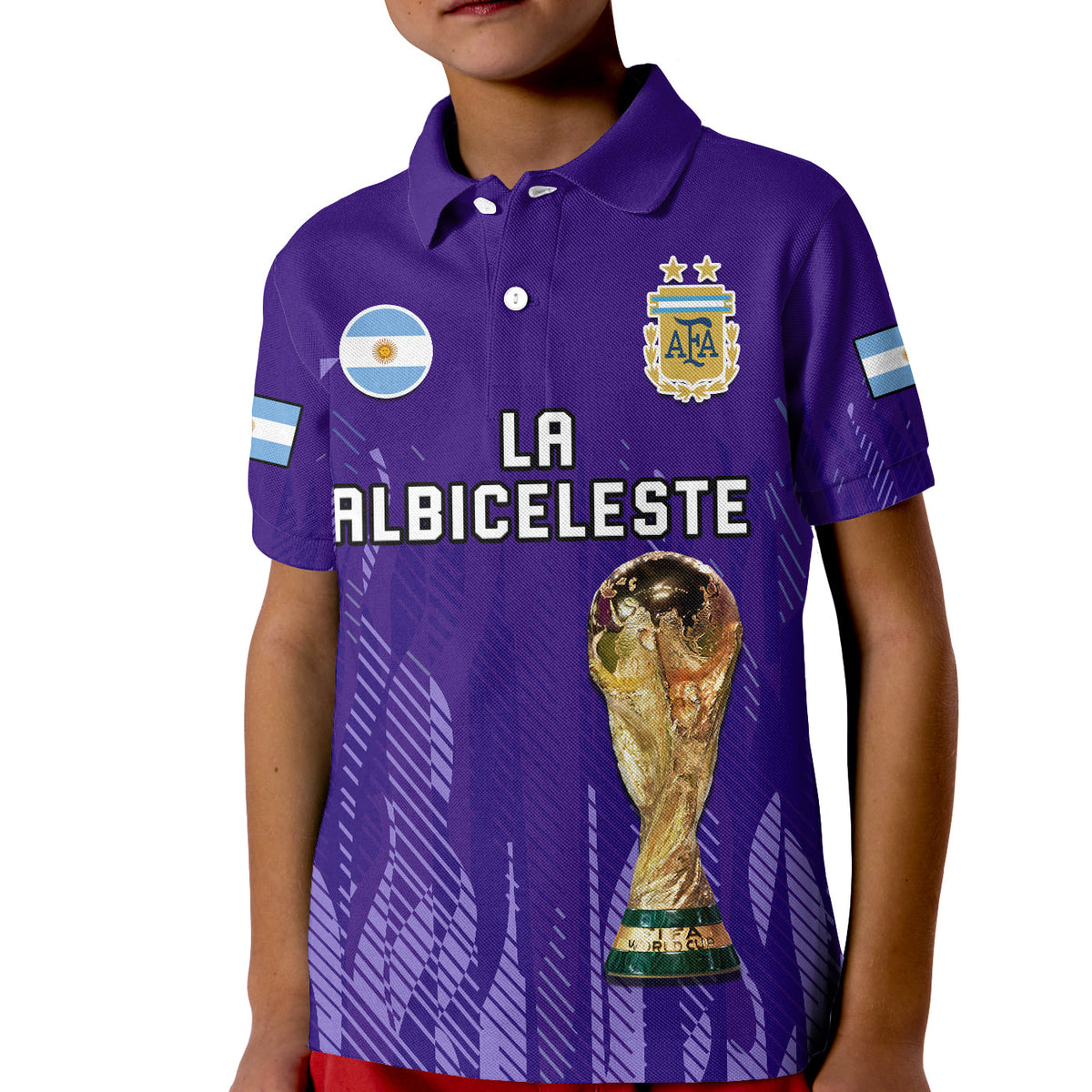 Purple football polo shirt with button collar, crest badge, and 'LA ALBICELESTE' text