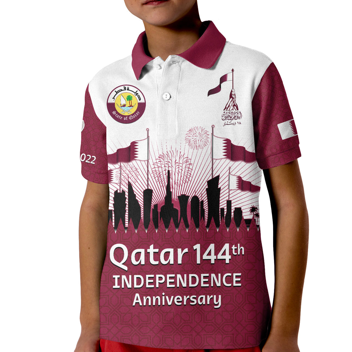Qatar Polo Shirt KID Happy 144th Independence Anniversary Mix Football 2022 - Wonder Print Shop
