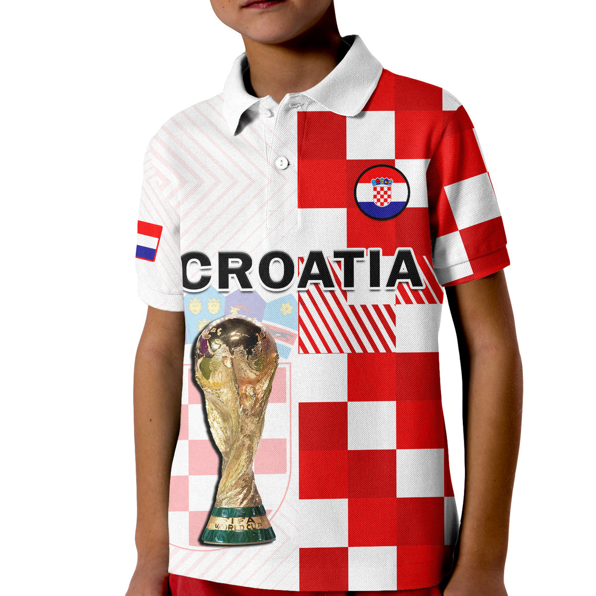 (Custom Text And Number) Croatia Football Polo Shirt KID Hrvatska Checkerboard Champions WC 2022 - Wonder Print Shop