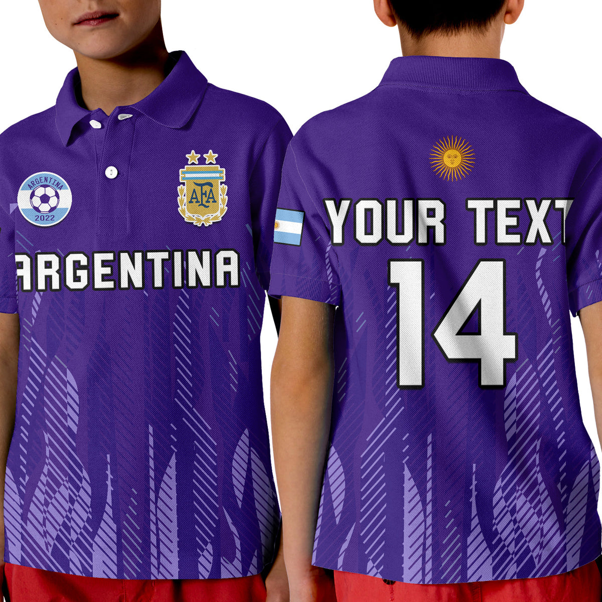 Purple youth football polo shirt with Argentina crest and 'YOUR TEXT 14' back print