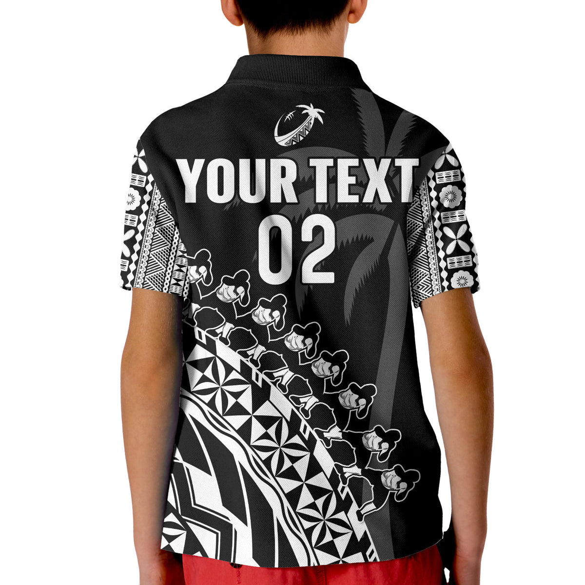 Custom Text And Number Fiji Rugby Polo Shirt KID Fijian Cibi Dance Tapa Pattern Black - Wonder Print Shop