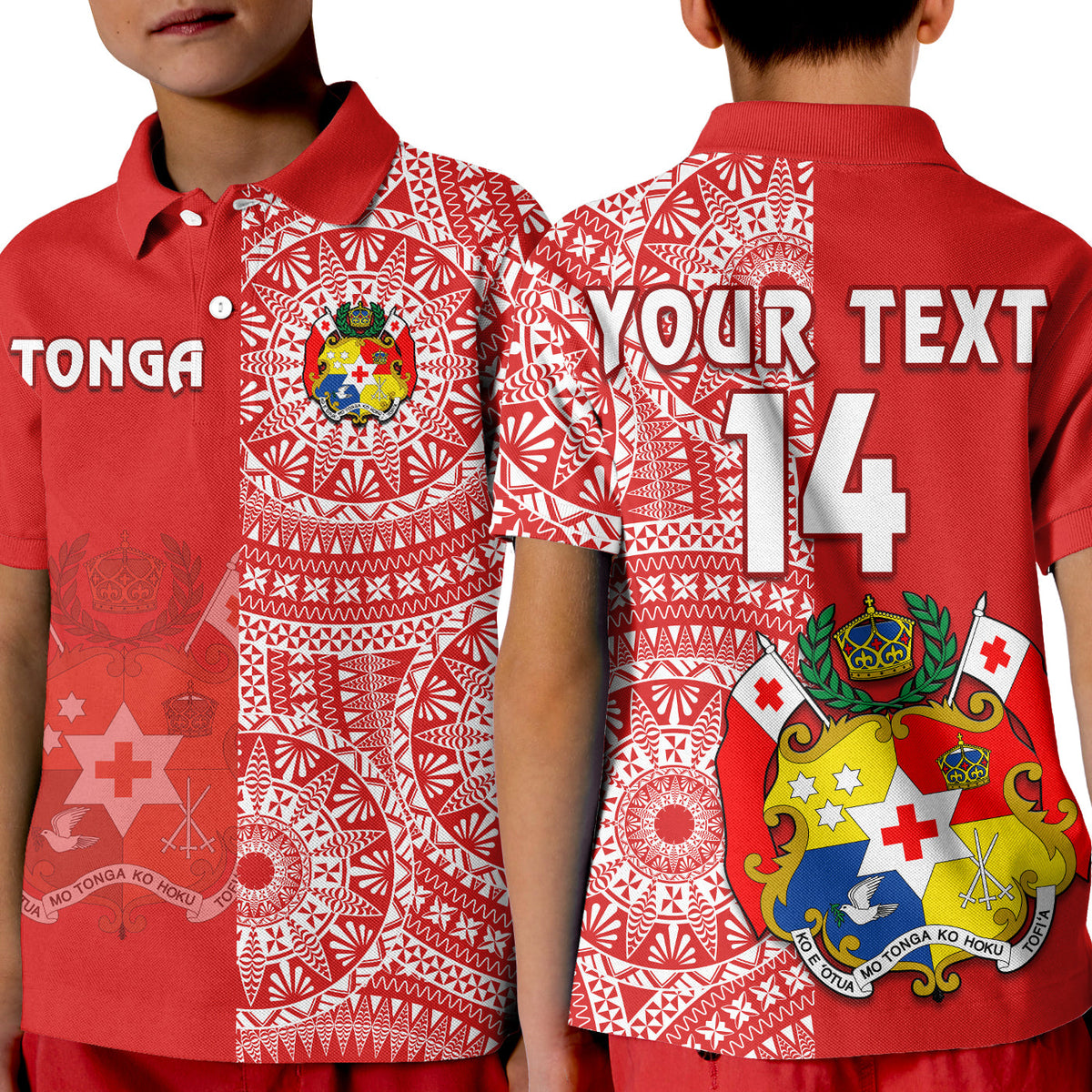 Custom Text And Number Tonga Polo Shirt KID Tongan Coat Of Arms Ngatu Pattern - Wonder Print Shop