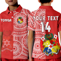 Custom Text And Number Tonga Polo Shirt KID Tongan Coat Of Arms Ngatu Pattern - Wonder Print Shop