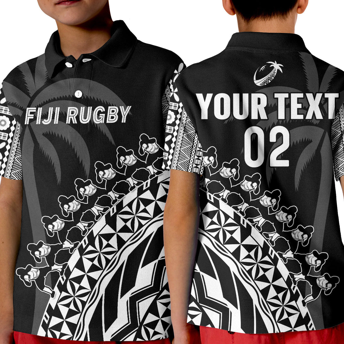 Custom Text And Number Fiji Rugby Polo Shirt KID Fijian Cibi Dance Tapa Pattern Black - Wonder Print Shop
