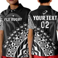 Custom Text And Number Fiji Rugby Polo Shirt KID Fijian Cibi Dance Tapa Pattern Black - Wonder Print Shop