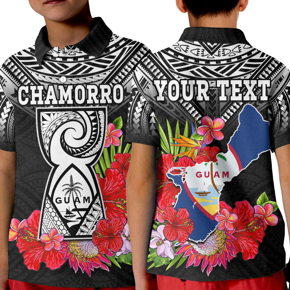 Custom Chamorro Guam Polo Shirt KID Guaman Latte Stone Tropical Flowers Black Style - Wonder Print Shop