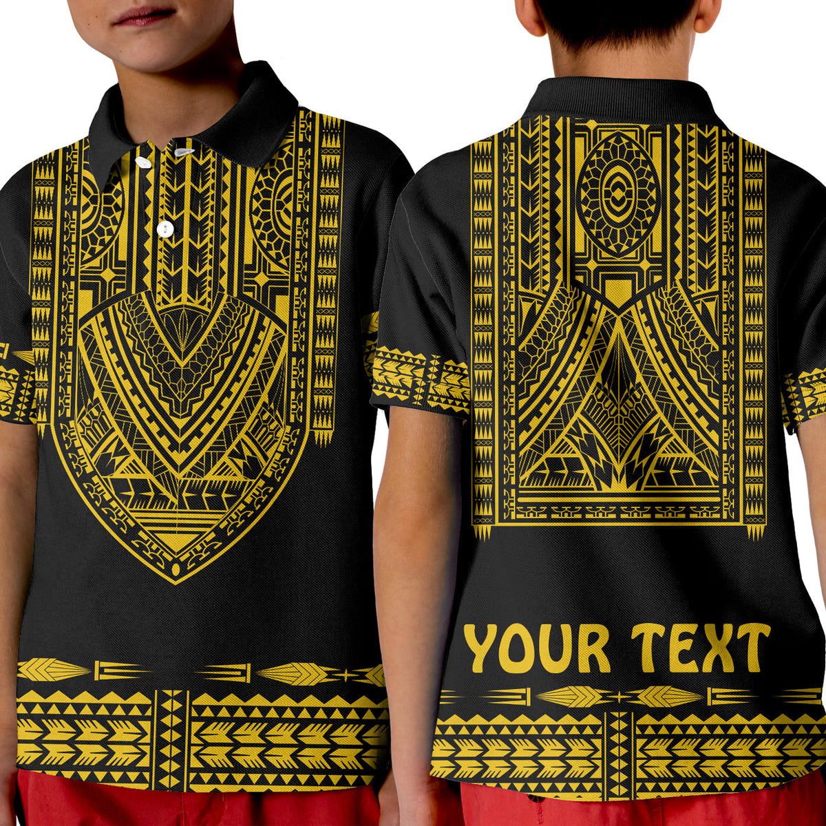Custom Polynesian Polo Shirt KID Dashiki With Polynesian Tattoo Royal Golden Version - Wonder Print Shop