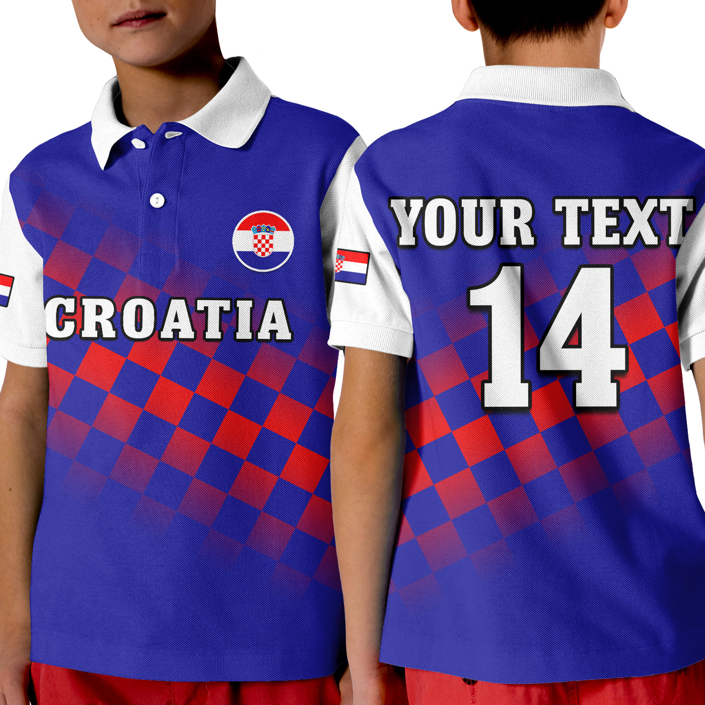 (Custom Text And Number) Croatia Football Polo Shirt KID Hrvatska Checkerboard Blue Version - Wonder Print Shop