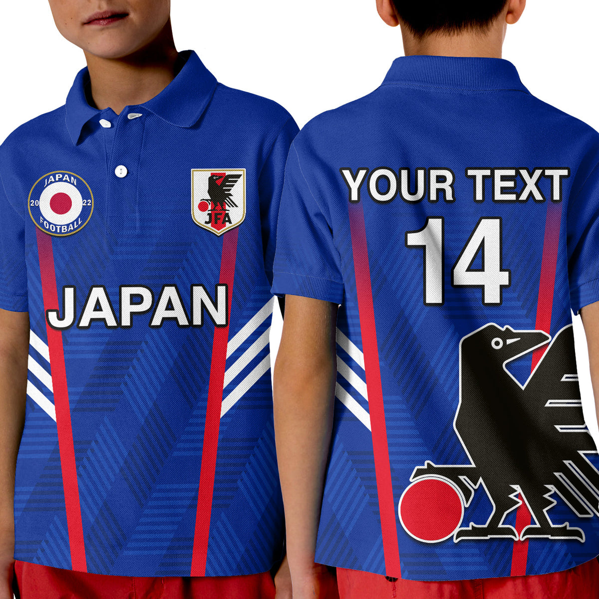 (Custom Text and Number) Japan Football Polo Shirt KID Samurai Blue Football 2022 - Wonder Print Shop