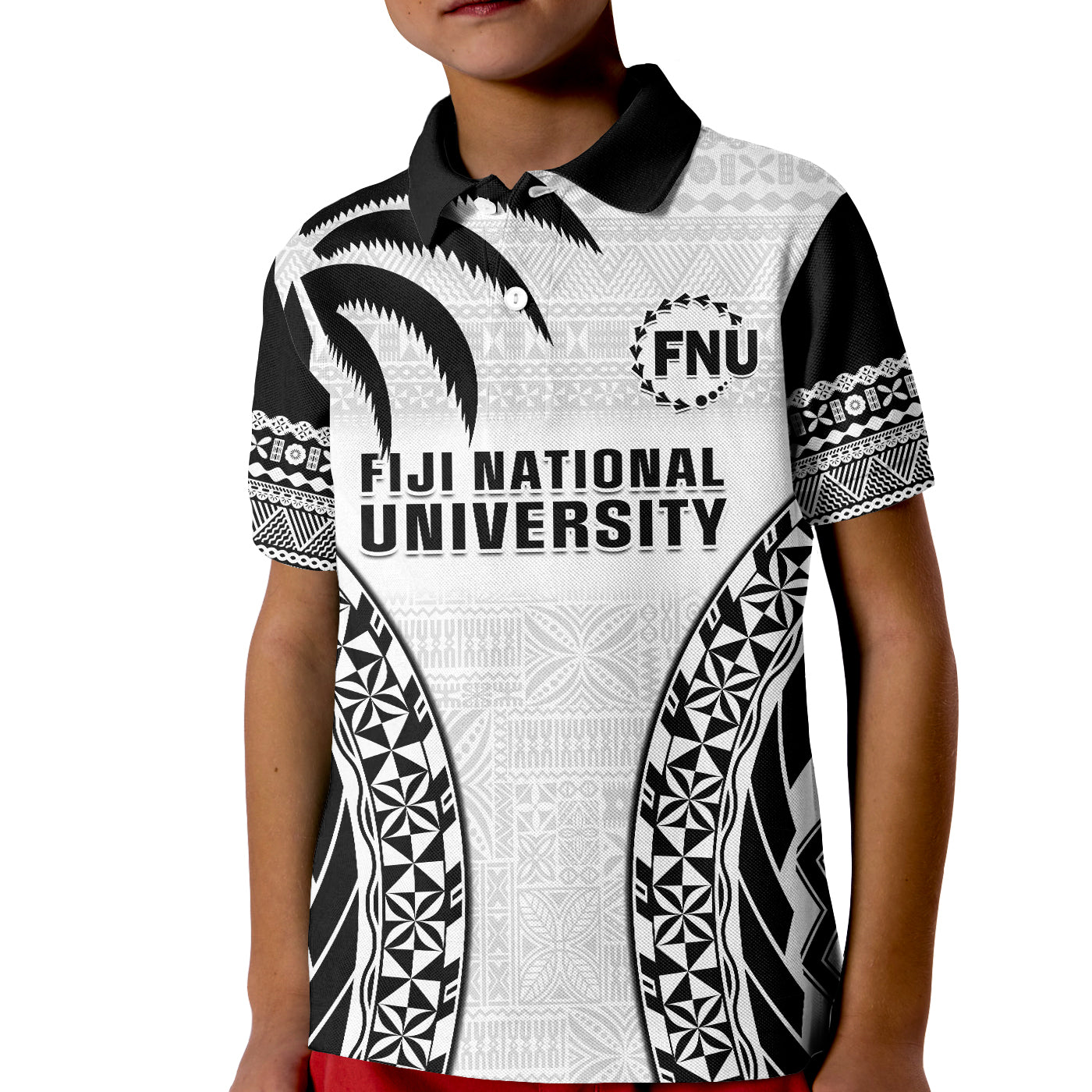 Fiji University Polo Shirt KID National Fijian Tapa Pattern White - Wonder Print Shop
