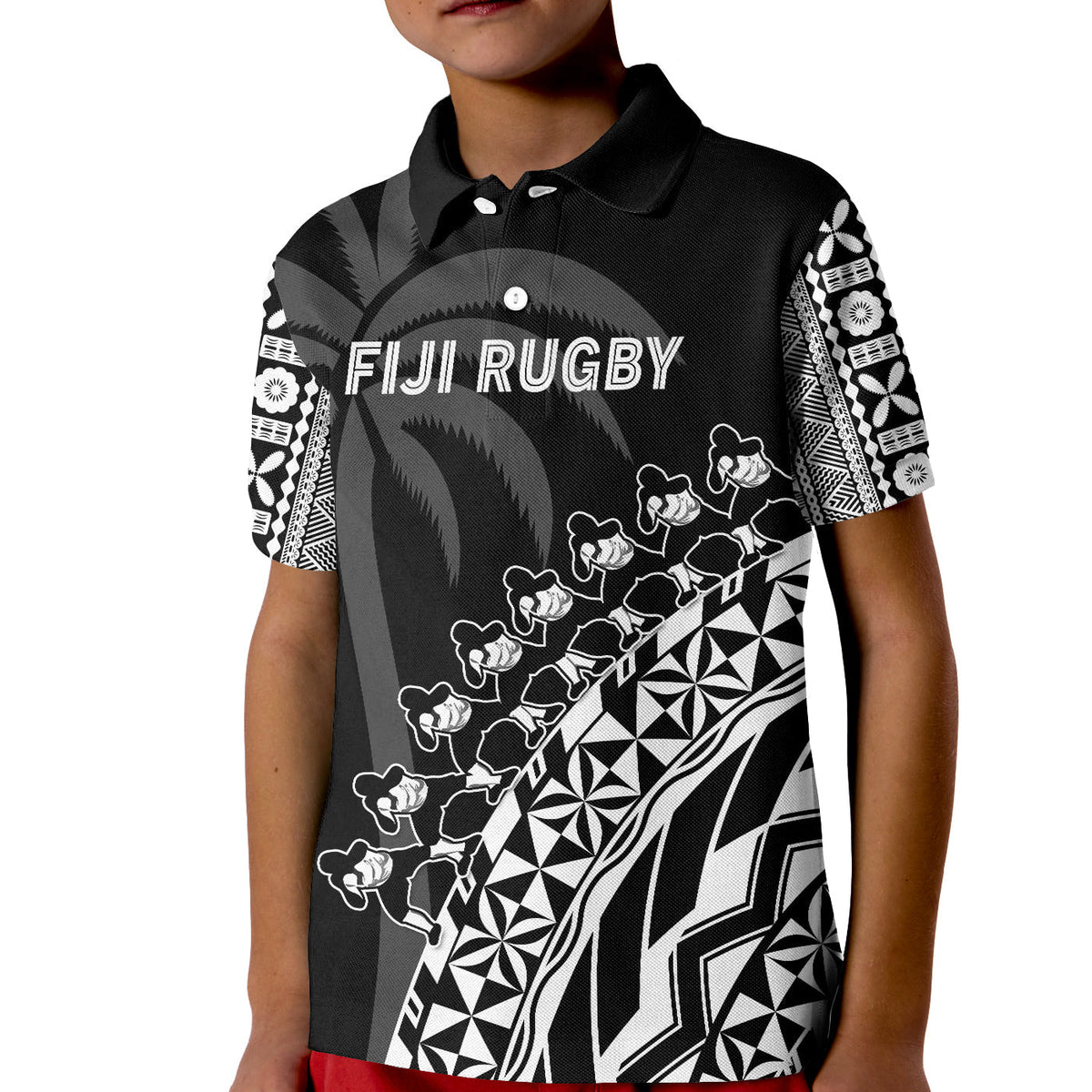 Fiji Rugby Polo Shirt KID Fijian Cibi Dance Tapa Pattern Black - Wonder Print Shop