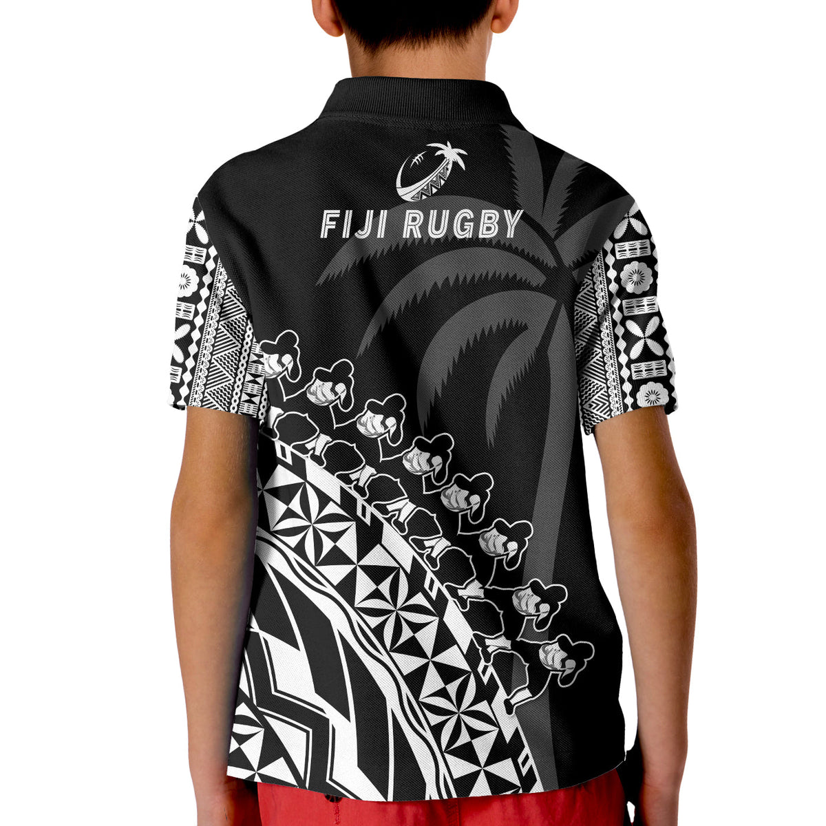 Fiji Rugby Polo Shirt Fijian Cibi Dance Tapa Pattern Black - Wonder Print Shop