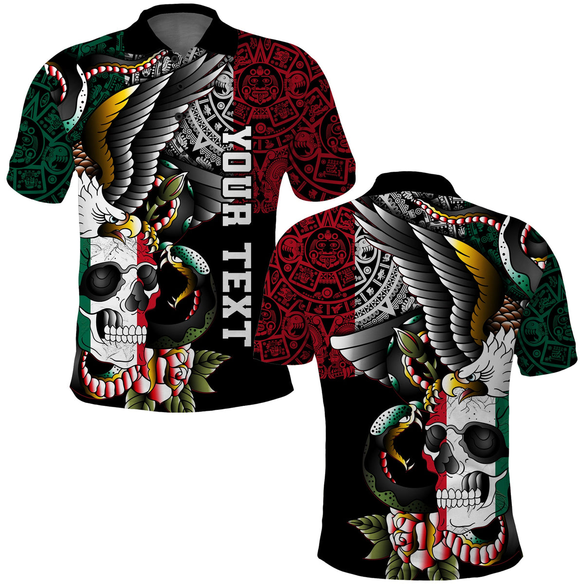 Custom Mexico Polo Shirt Mexican Skull Eagle With Angry Snake - Wonder Print Shop