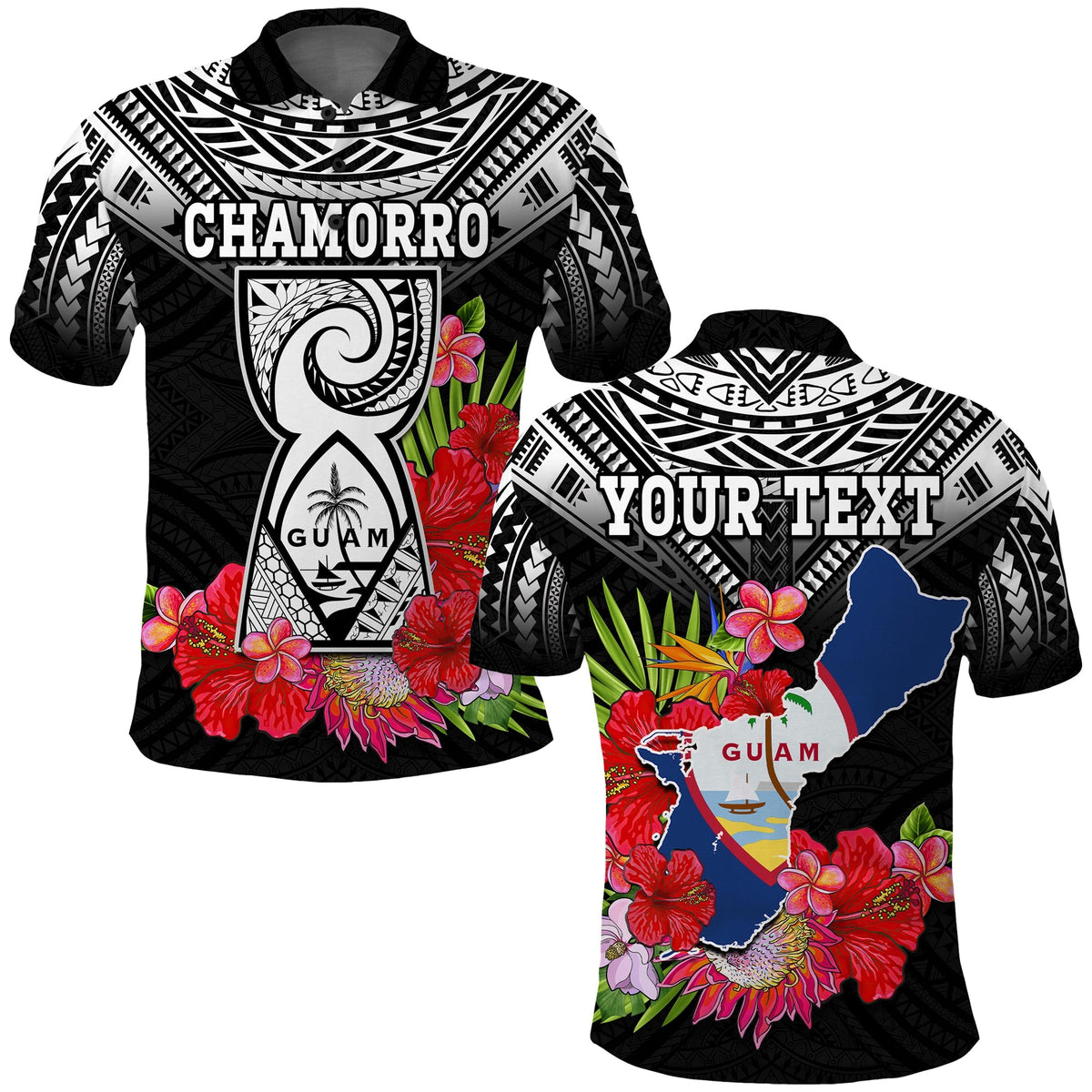 Custom Chamorro Guam Polo Shirt Guaman Latte Stone Tropical Flowers Black Style - Wonder Print Shop