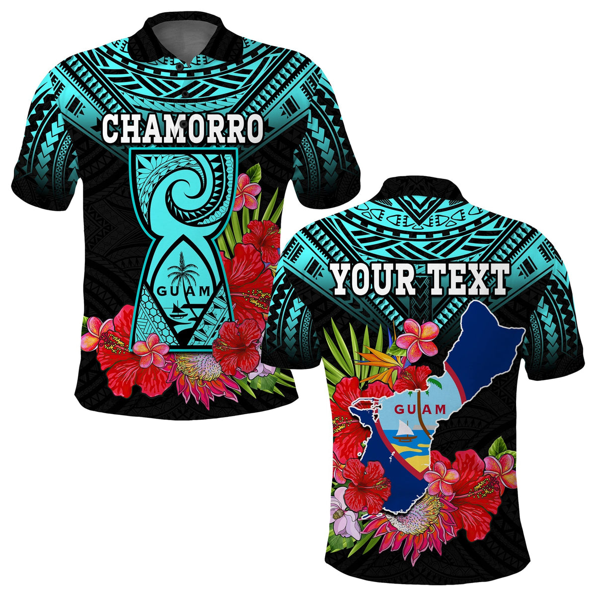 Custom Chamorro Guam Polo Shirt Guaman Latte Stone Tropical Flowers Turquoise Style - Wonder Print Shop