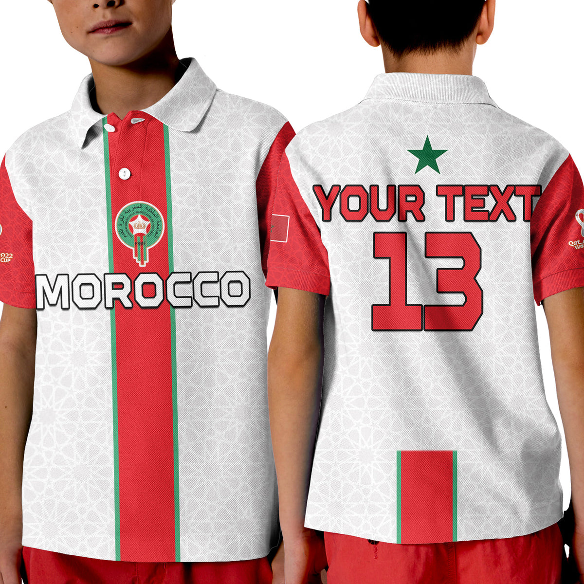 (Custom Text and Number) Morocco Football Polo Shirt KID Football 2022 Soccer Lions de lAtlas Champions LT13 - Wonder Print Shop