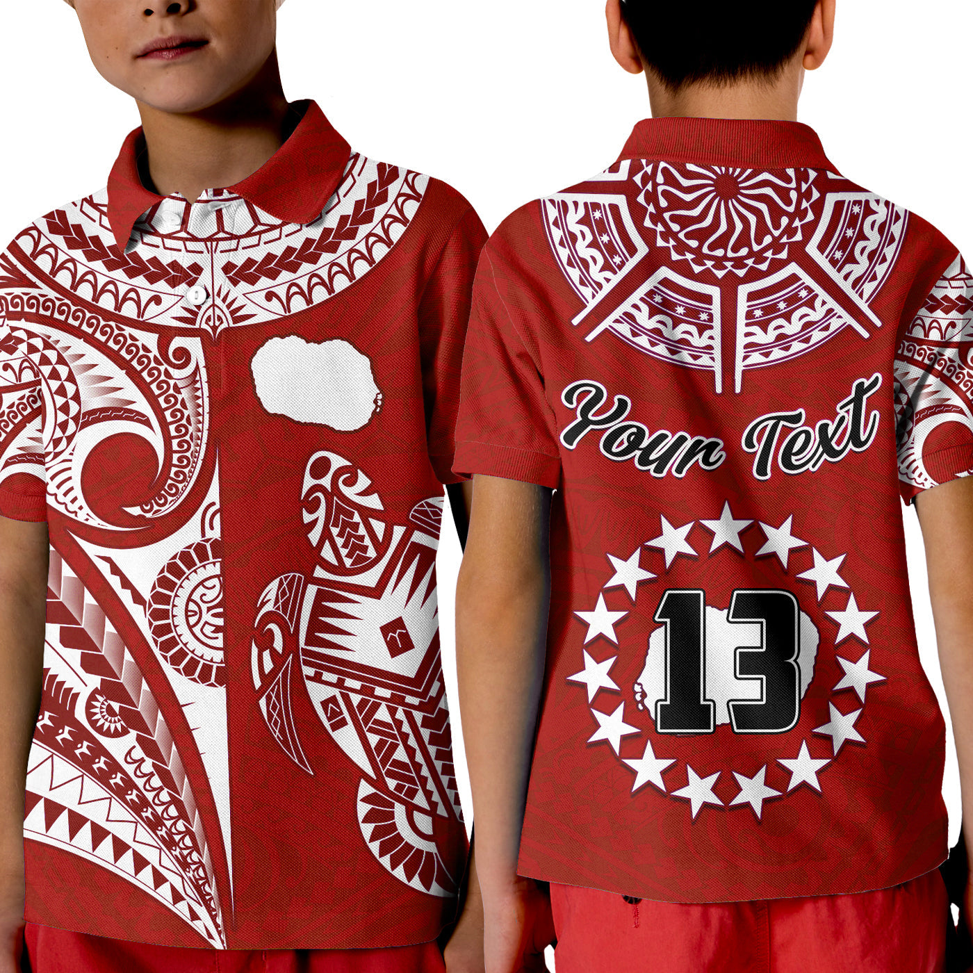 custom-text-and-number-rarotonga-cook-islands-polo-shirt-kid-turtle-and-map-style-red