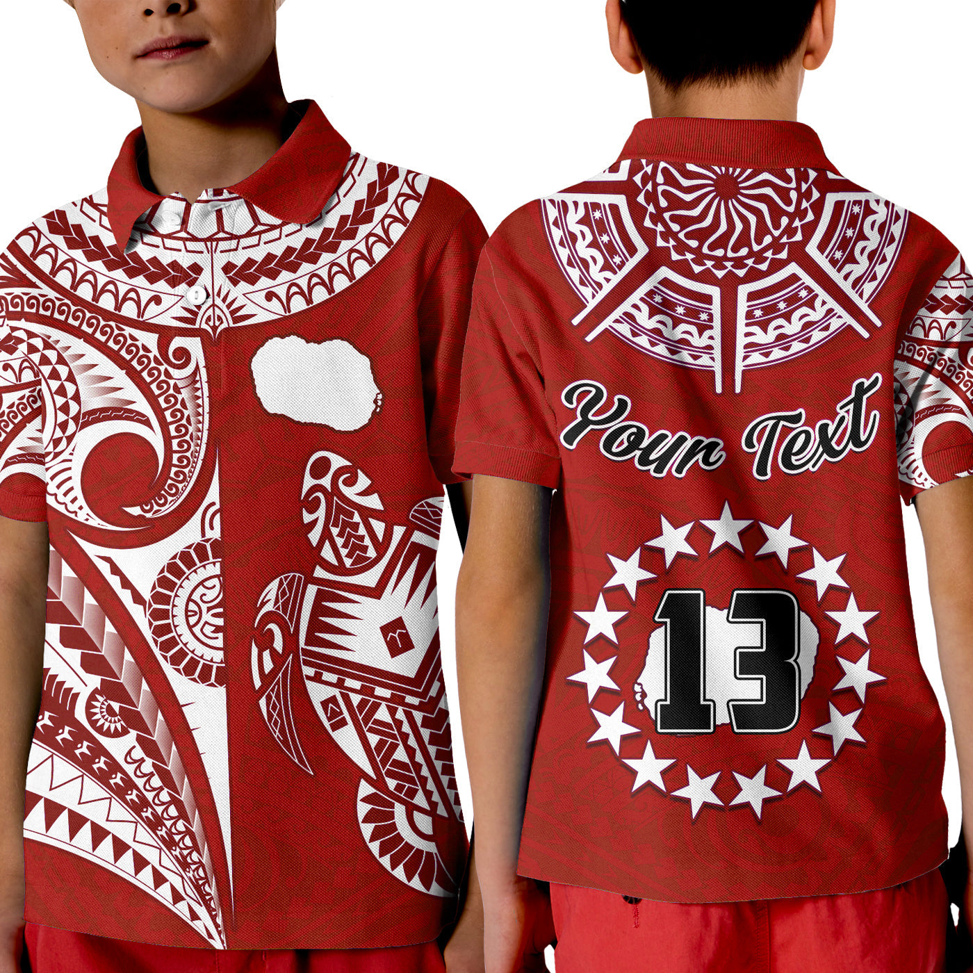 (Custom Text and Number) Rarotonga Cook Islands Polo Shirt KID Turtle and Map Style Red LT13 - Wonder Print Shop