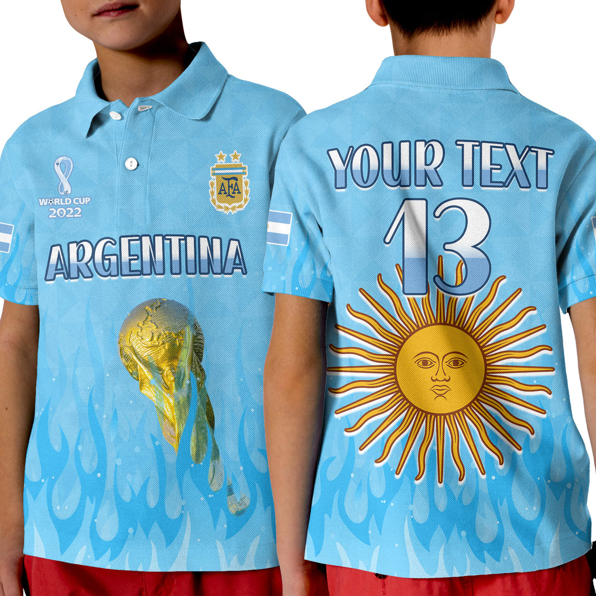 (Custom Text and Number) Argentina Football Polo Shirt KID Vamos Sky Champions World Cup Fire LT13 - Wonder Print Shop