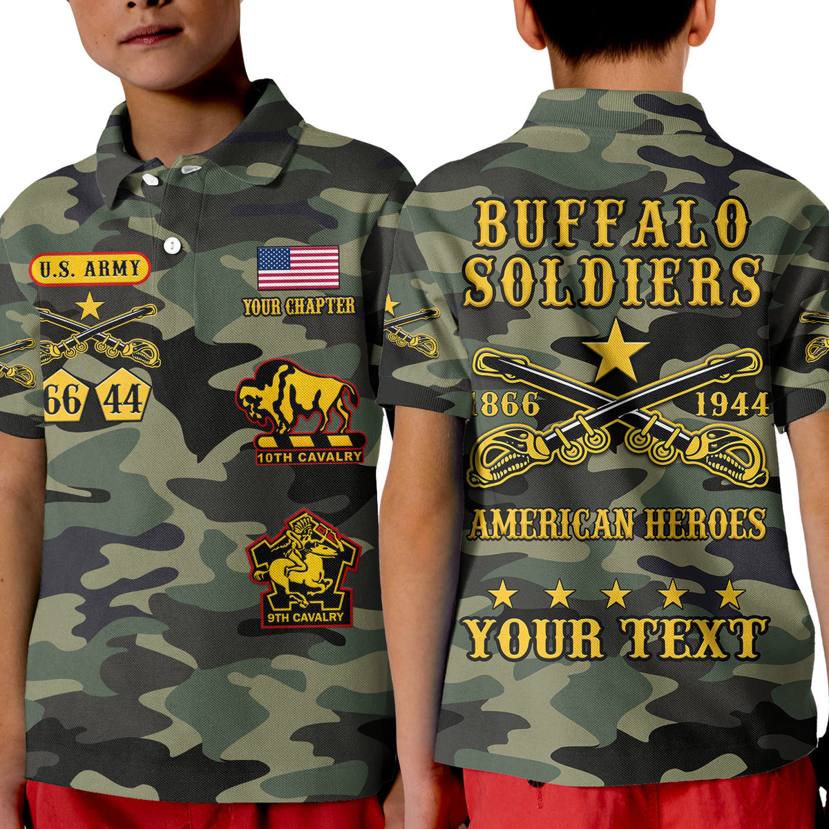 (Custom Text and Chapter) Buffalo Soldiers Polo Shirt KID Camouflage American Heroes BSMC LT13 - Wonder Print Shop