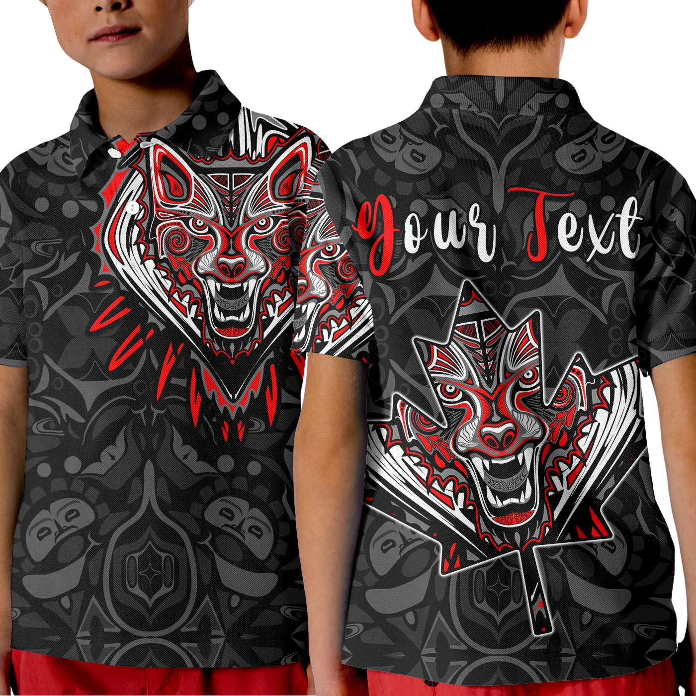 custom-personalised-canada-wolf-polo-shirt-kid-haida-and-maple-leaf