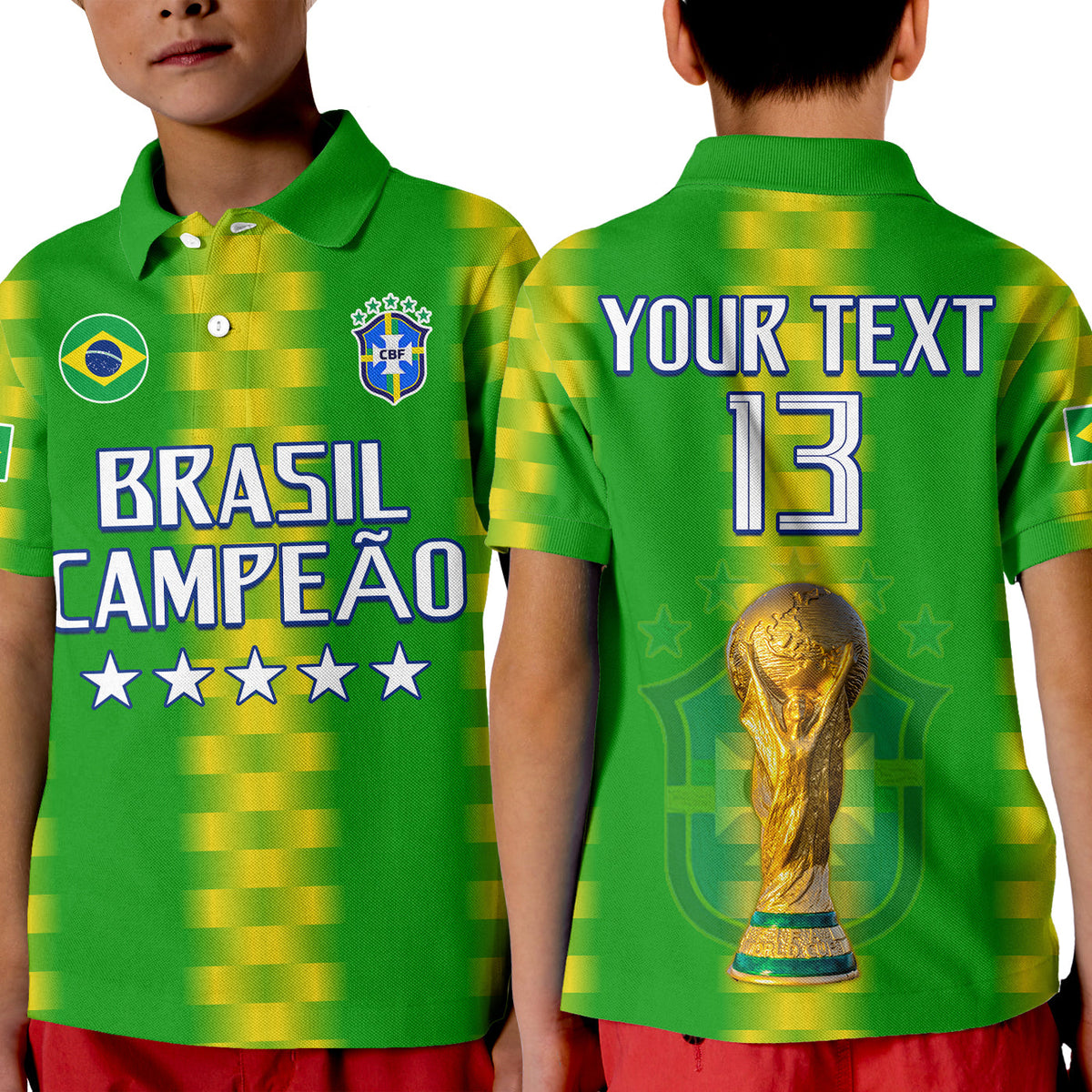 Kids green Brazil polo shirt, BRASIL CAMPEAO front and back YOUR TEXT 13 trophy