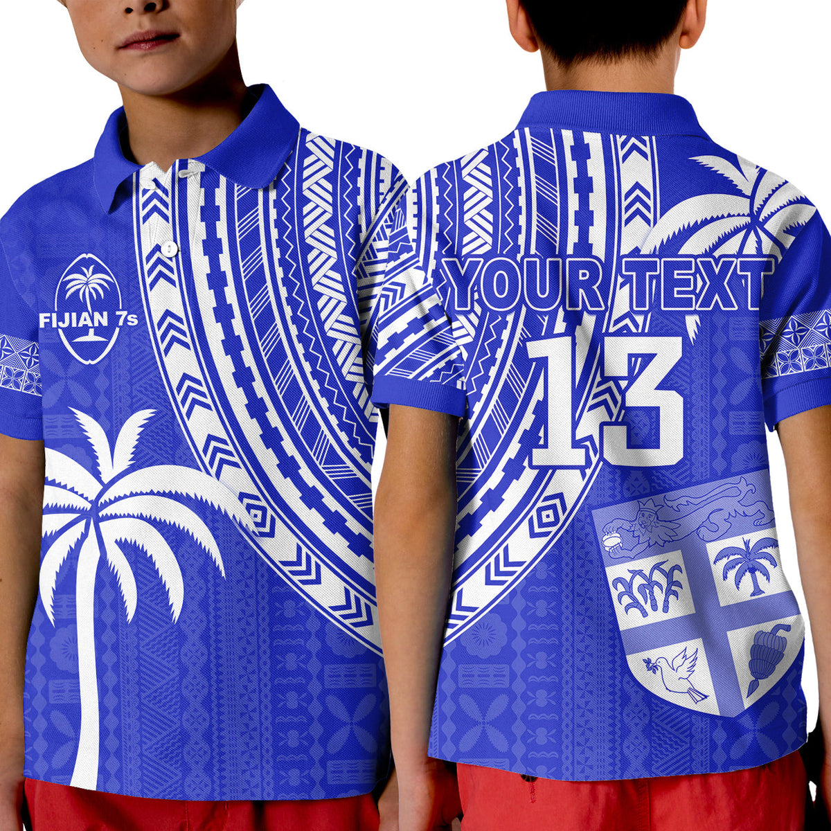 Custom Text and Number Fiji Rugby Sevens Polo Shirt KID Fijian 7s Tapa Polynesian Blue Ver.02 LT13 - Wonder Print Shop