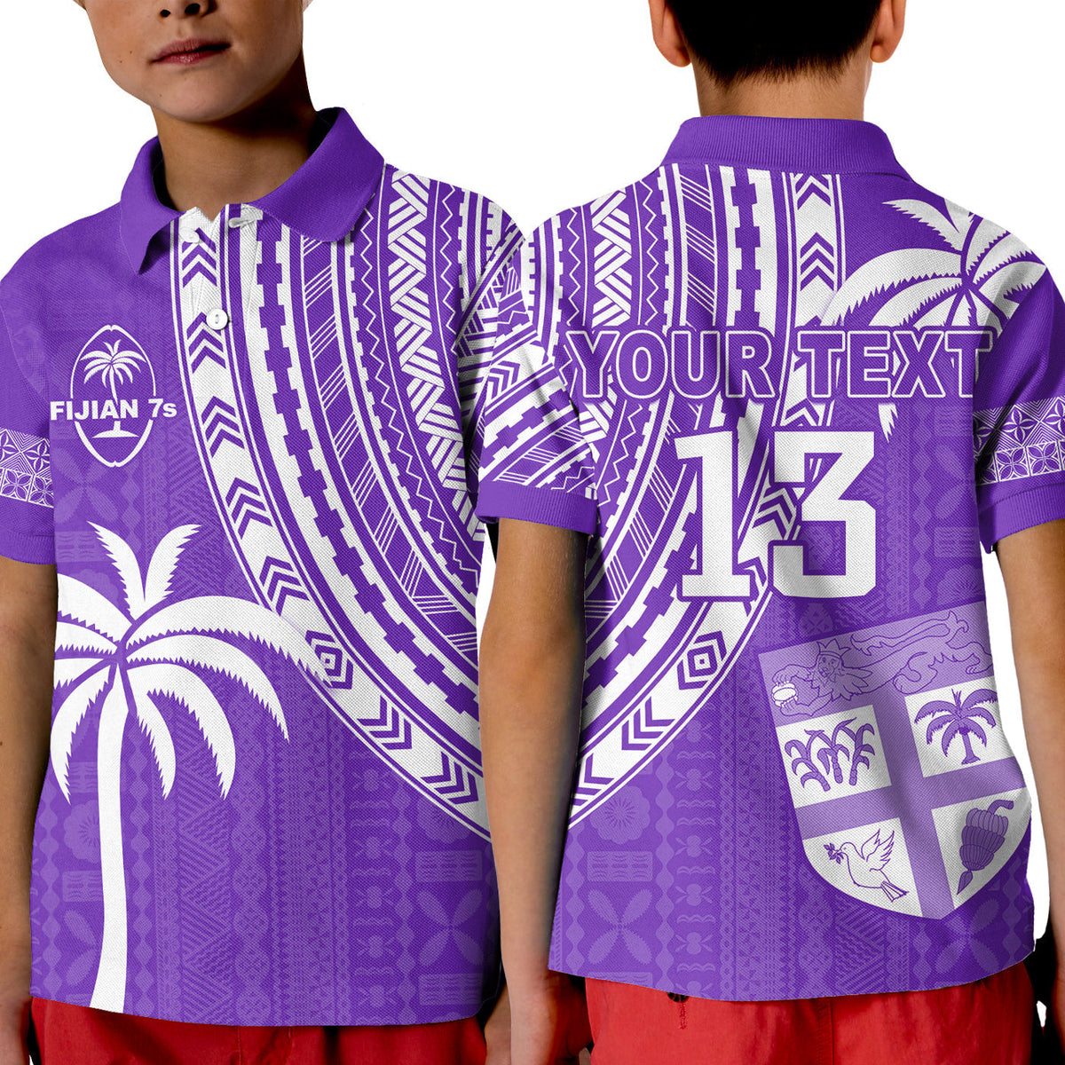 Purple rugby sevens polo shirt back view with “YOUR TEXT” and “13”, tribal and island icons