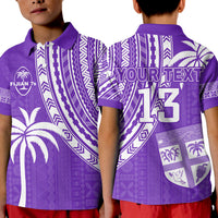 Purple rugby sevens polo shirt back view with “YOUR TEXT” and “13”, tribal and island icons