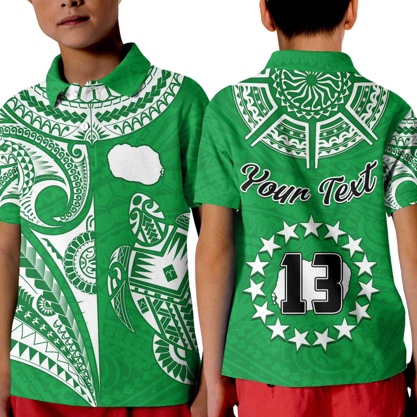 custom-text-and-number-rarotonga-cook-islands-polo-shirt-kid-turtle-and-map-style-green