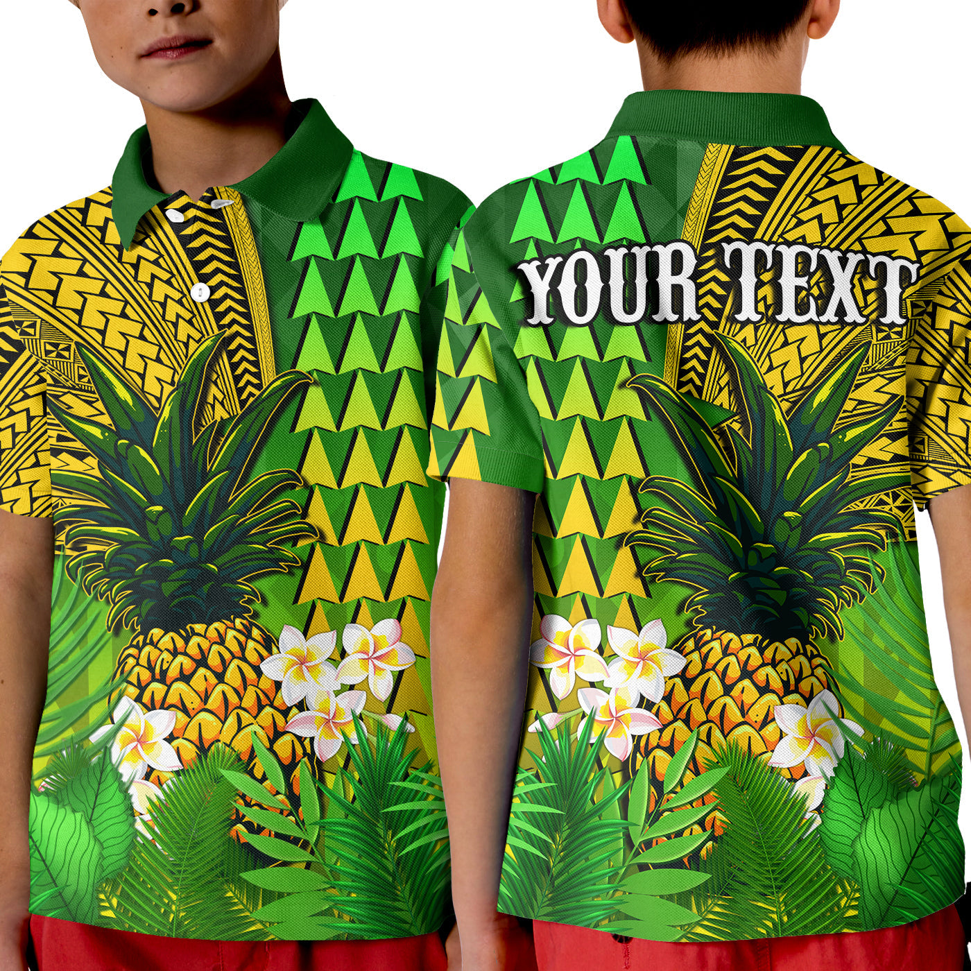 custom-personalised-hawaii-pineapple-polo-shirt-kid-plumeria-frangipani-mix-tribal-pattern