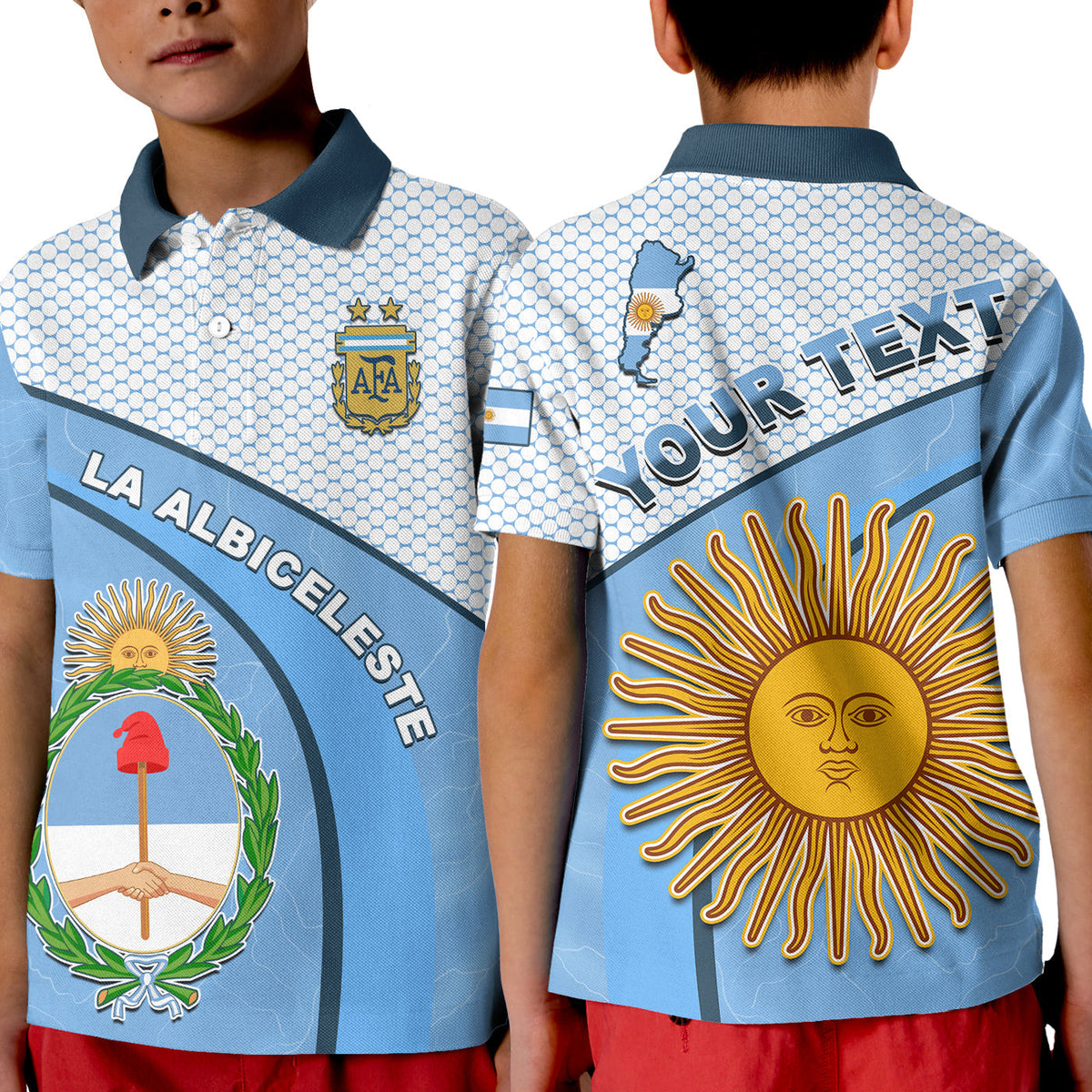 Custom Argentina Polo Shirt Football 2022 KID Champions Blue Sky May Sun LT13 - Wonder Print Shop