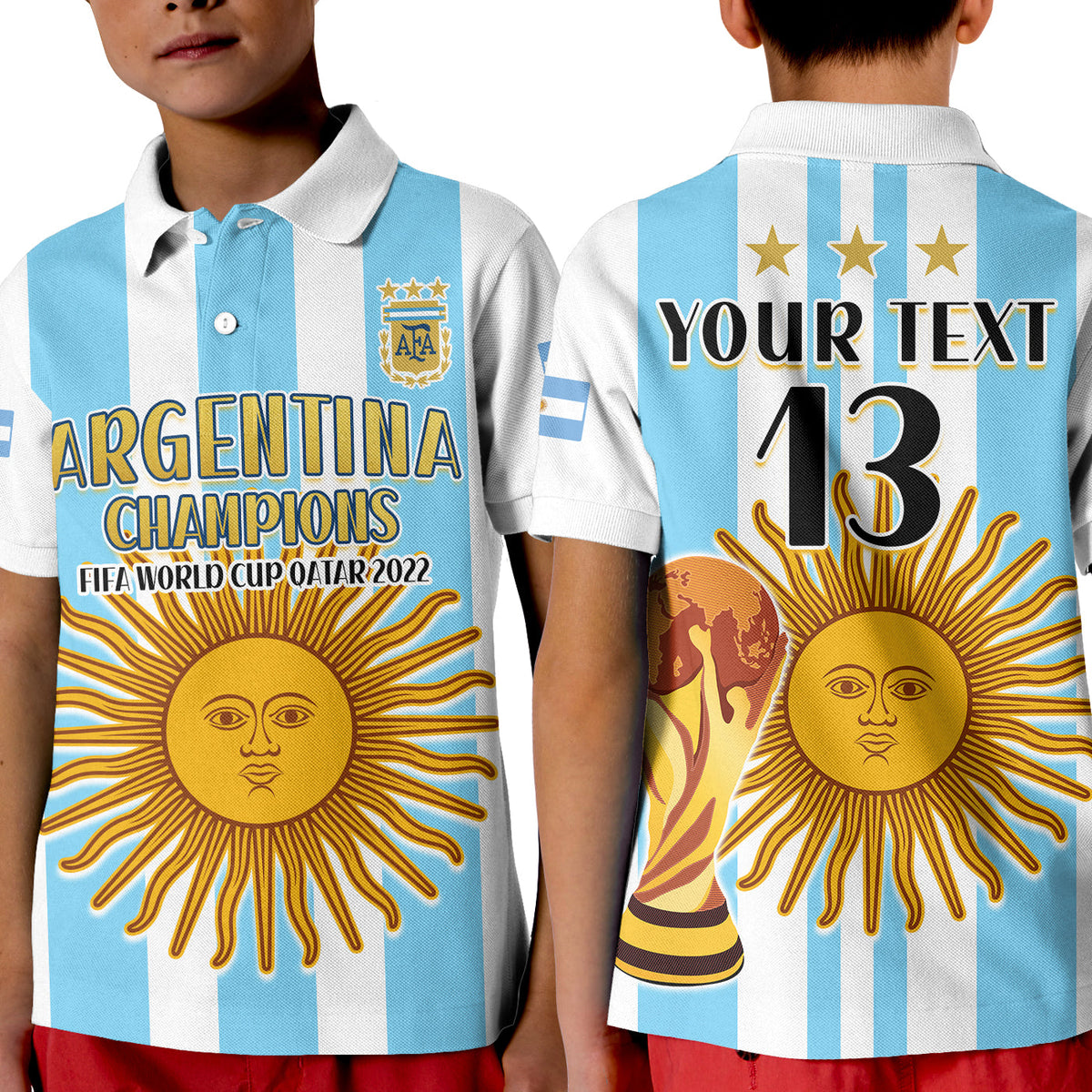 Kids Argentina polo shirt, front 'ARGENTINA CHAMPIONS' and back 'YOUR TEXT 13' shown