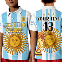 Kids Argentina polo shirt, front 'ARGENTINA CHAMPIONS' and back 'YOUR TEXT 13' shown