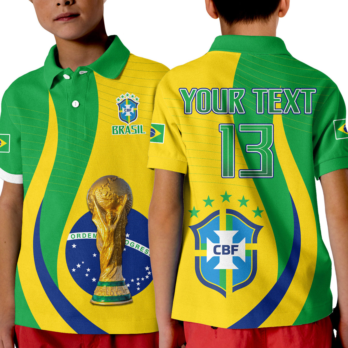 Kids polo shirt in green and yellow with collar, trophy graphic, and Brasil crest